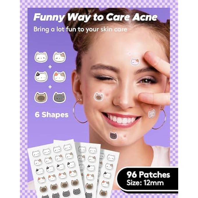 LitBear ACNE PATCH PIMPLE PATCH, CAT SHAPED ACNE ABSORBING COVER PATCH, HYDROCOLLOID ACNE PATCHES FOR FACE ZIT PATCH ACNE DOTS, TEA TREE OIL & SALICYLIC ACID, 96 PATCHES, 12MM - Image 2